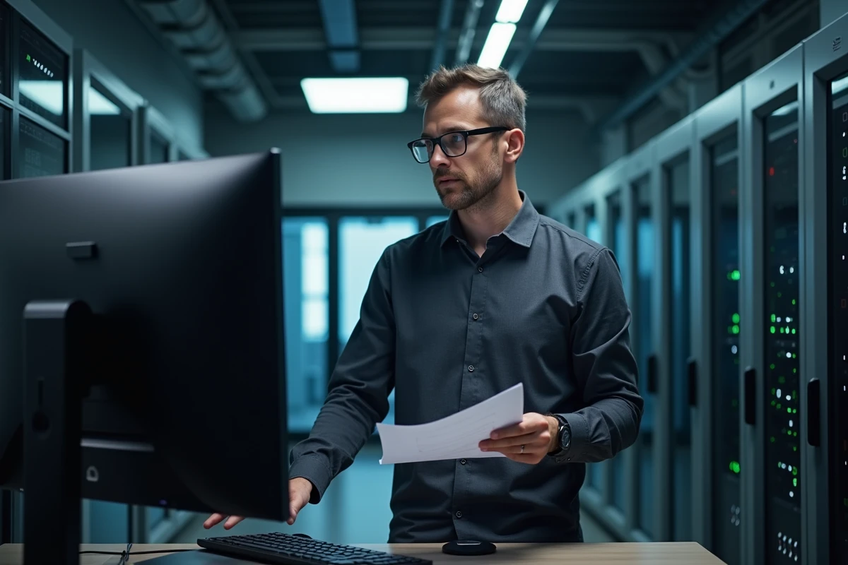 Professionnel IT configurant les paramètres de sécurité pour l'accès à Paie Pilote sur un poste de travail en entreprise