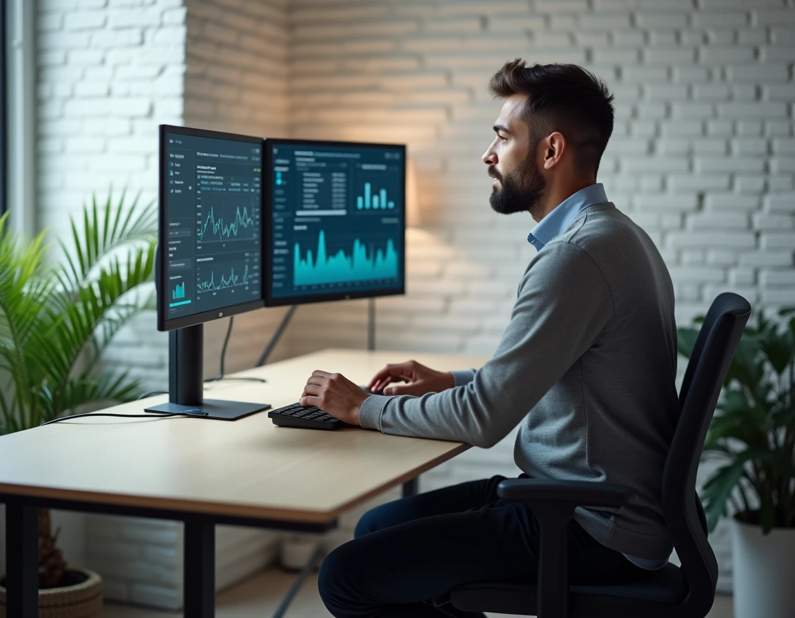 Professionnel d'une scale-up analysant des tableaux de bord sur des moniteurs ultralarges dans un bureau épuré, représentant l'innovation data-driven qui distingue Neos Wave