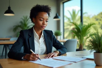 Professionnelle antillaise consultant des documents de partenariat entreprise dans un bureau moderne avec vue sur végétation tropicale