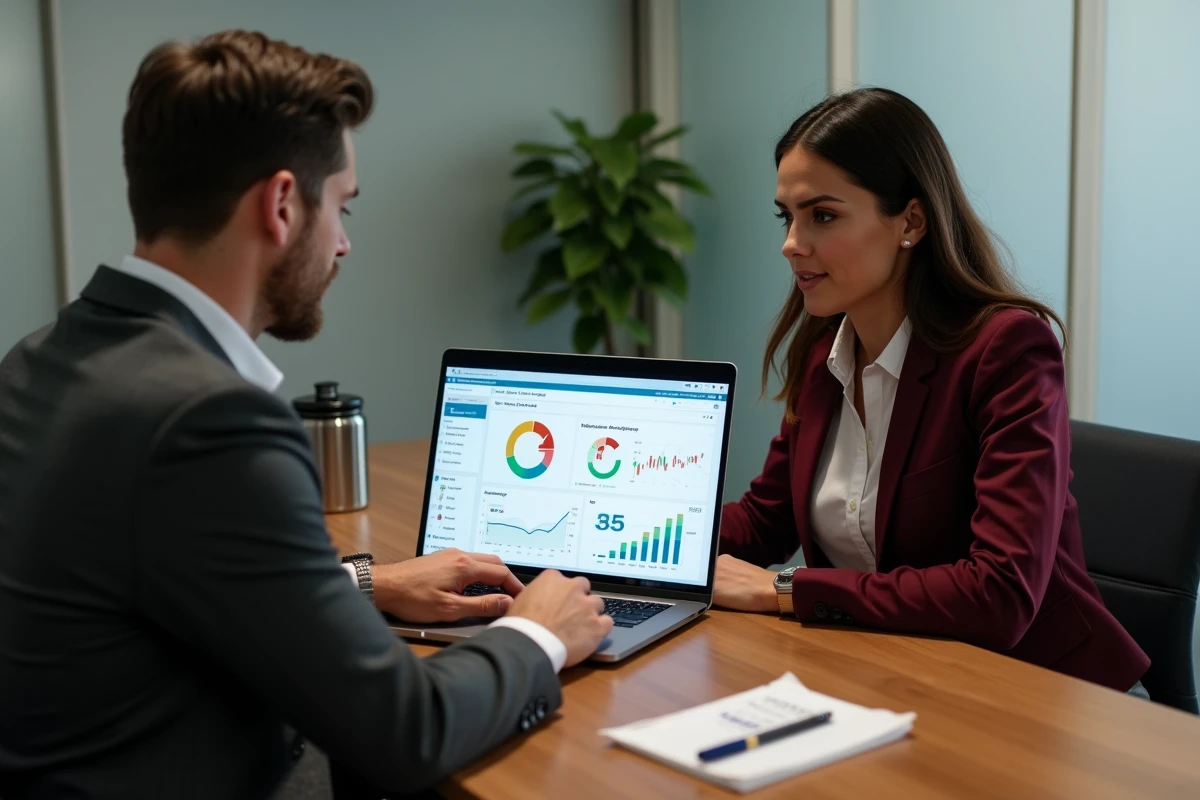 Deux professionnels B2B analysant ensemble un tableau de bord CRM pour aligner stratégie marketing et pipeline commercial