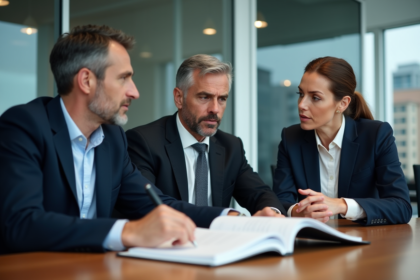 Trois professionnels en réunion dans un bureau moderne