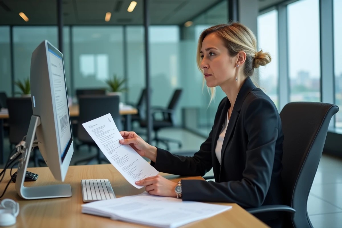 Recruteuse en entreprise analysant un CV d'un candidat en télétravail full remote avec un regard critique, illustrant les critères de sélection des recruteurs français