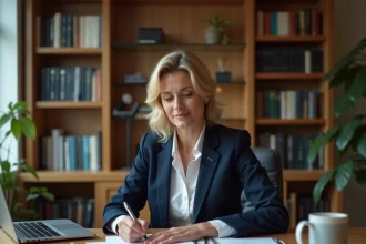 Femme en tenue professionnelle rédigeant un courrier administratif pour faire valoir ses droits salariaux lors d'une fermeture administrative