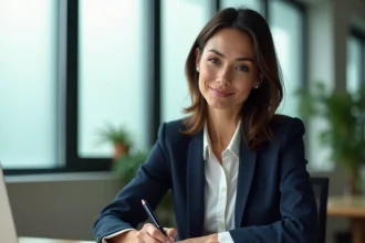Femme professionnelle rédigeant une lettre de démission avec dispense de préavis à son bureau