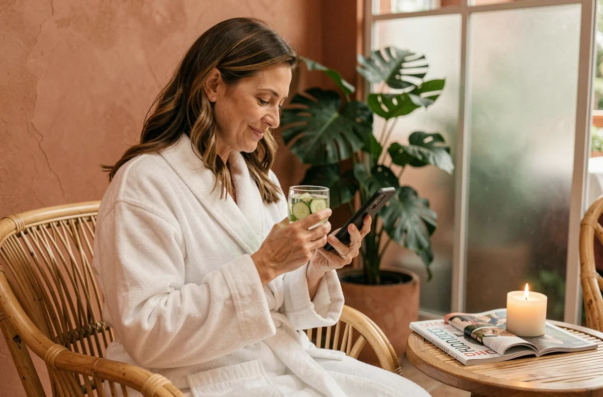 Cliente d'un spa confirmant sa réservation en ligne via une application de prise de rendez-vous sur smartphone