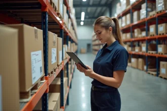 Responsable logistique e-commerce analysant les tarifs de transporteurs sur tablette dans un entrepôt de préparation de commandes