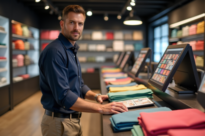 Manager de magasin arrangeant des présentoirs colorés en intérieur