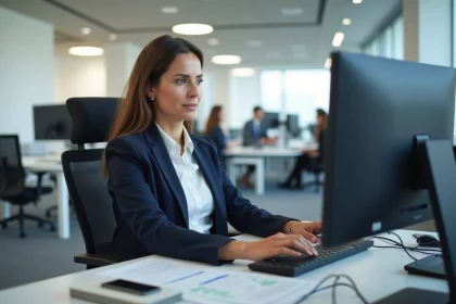 Responsable RH analysant un tableau de bord de logiciel de paie sur son ordinateur dans un bureau moderne en 2026