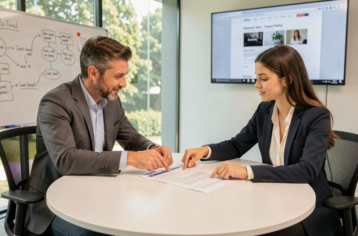 Directeur créatif d'agence web présentant une proposition de création de site internet à une cliente lors d'une réunion professionnelle