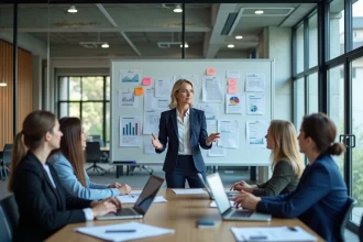 Réunion d'alignement marketing et ventes en entreprise B2B autour d'un tableau blanc avec indicateurs de performance