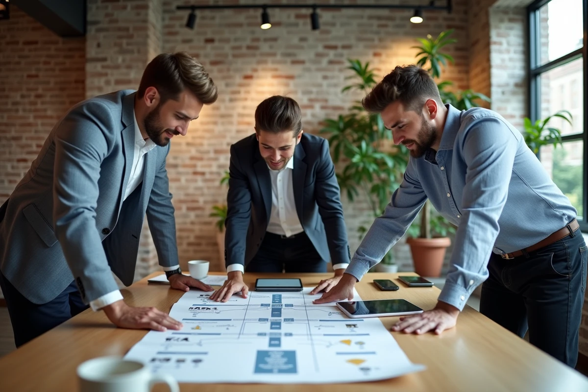 Groupe diversifié en réunion discutant d un flowchart web