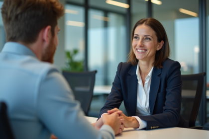 Femme en blazer navy souriante lors d'une réunion d'affaires