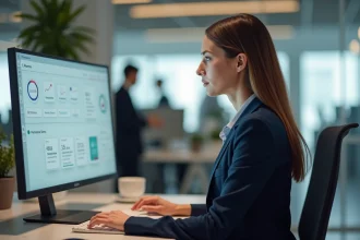 Salariée consultant le portail RH Alis BNP sur son ordinateur de bureau dans un open space moderne