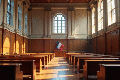 Intérieur moderne d'une salle de justice en France avec bancs en bois et drapeau