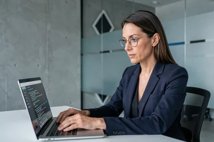 Professionnelle en entreprise consultant des communications chiffrées sur ordinateur portable dans un bureau moderne sécurisé