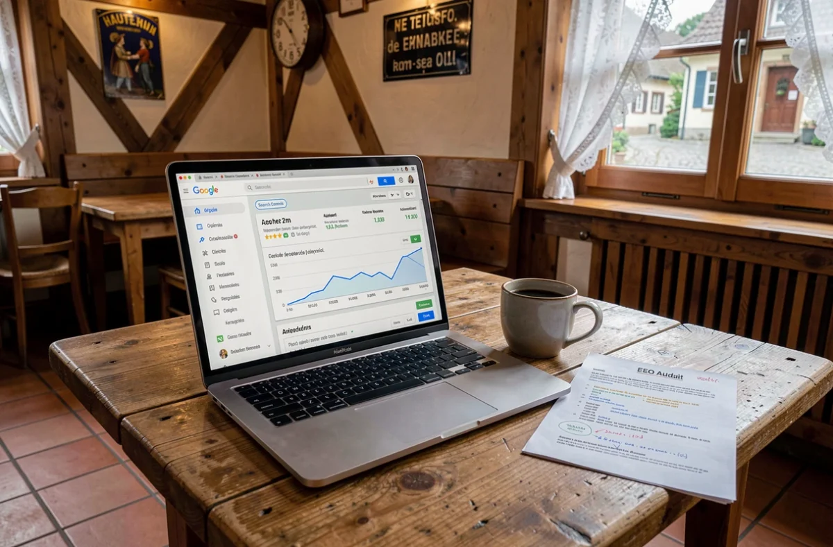 Ordinateur portable affichant Google Search Console dans un café traditionnel alsacien pour une stratégie de référencement SEO local