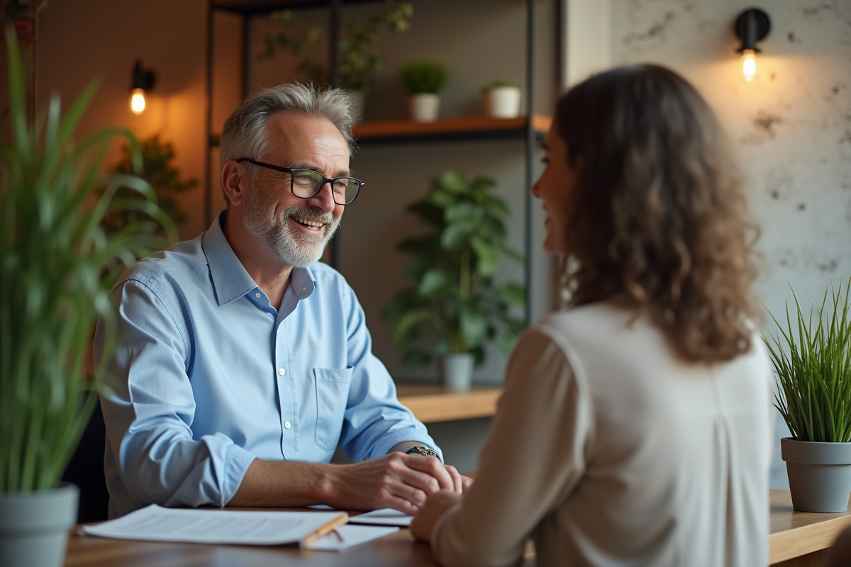Représentant service client écoutant une cliente dans un espace accueillant