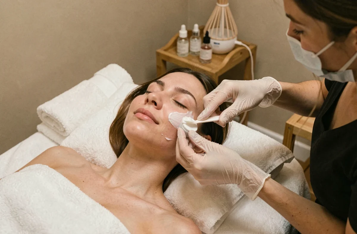 Soin du visage réalisé par une esthéticienne professionnelle dans une cabine de spa épurée et apaisante