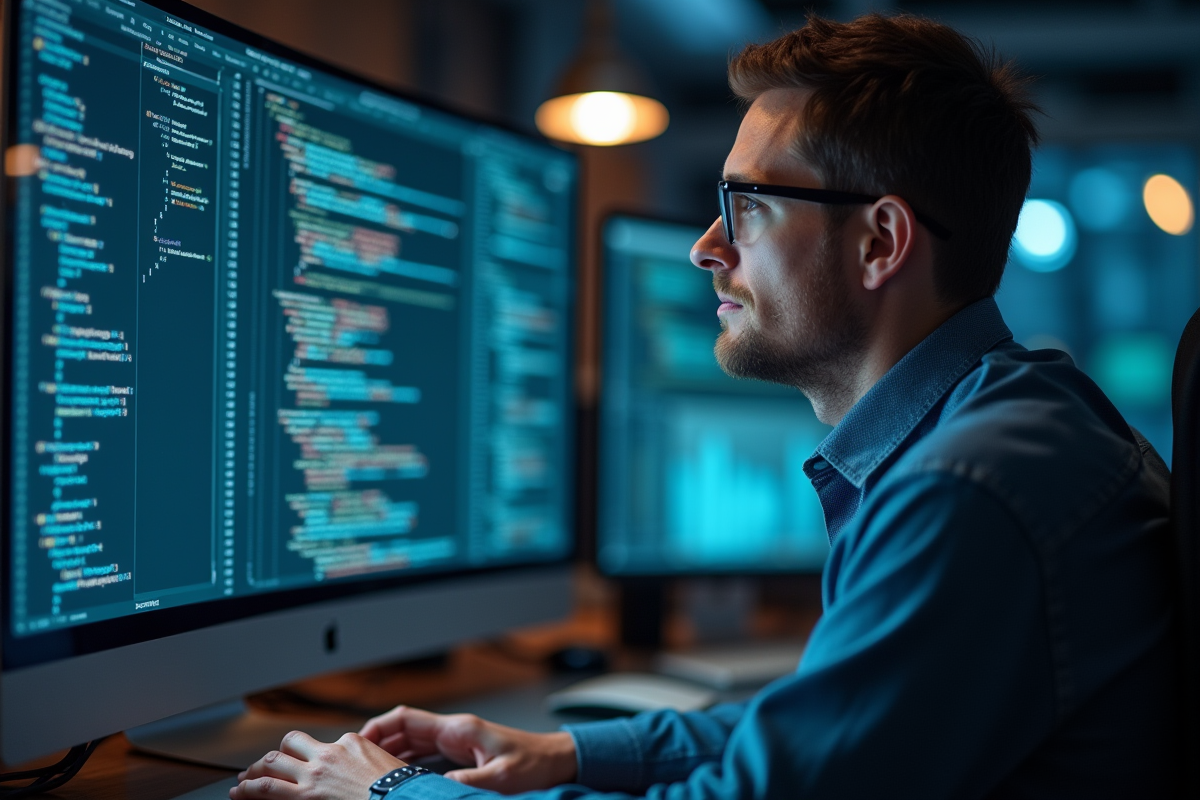 Spécialiste informatique examinant du code sur un grand écran concentré