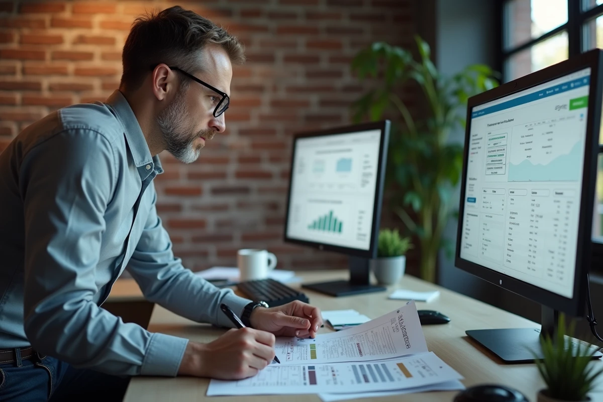 Spécialiste de la paie travaillant sur deux écrans avec des logiciels RH dans un espace de travail contemporain