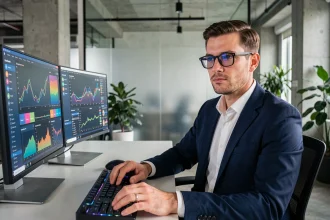Entrepreneur spécialiste en stratégies digitales analysant des tableaux de bord d'analytique et des graphiques de cryptomonnaies sur des écrans modernes dans un bureau contemporain