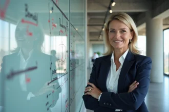 Femme d'affaires présentant une stratégie de domaines devant un tableau blanc en entreprise