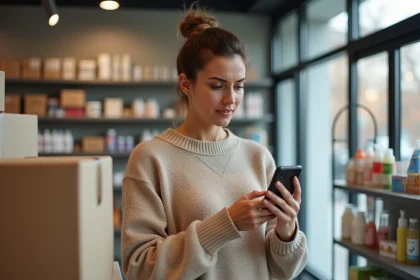 Femme consultant le suivi de colis Mondial Relay sur son smartphone dans un point relais Harnes