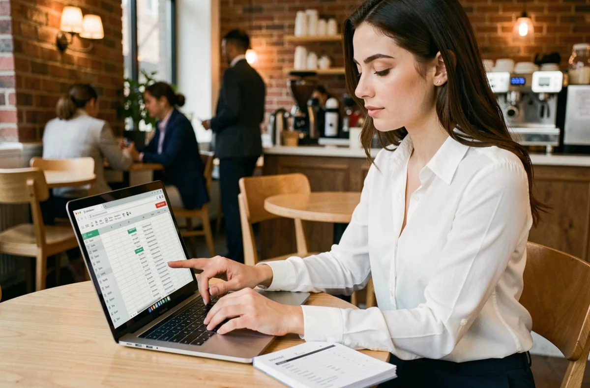 Jeune femme vérifiant ses heures hebdomadaires sur un tableur depuis un café avec un agenda papier en parallèle