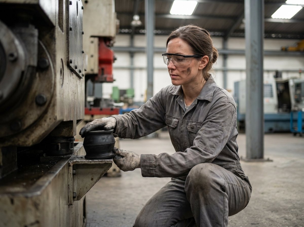 Technicienne montant un amortisseur en caoutchouc sur une machine industrielle en usine