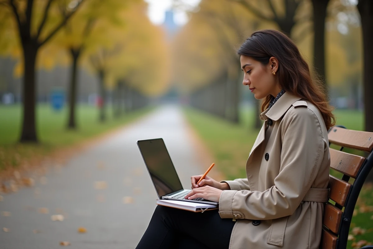 Jeune femme planifiant la création de sa micro-entreprise en plein air dans un parc urbain avant de quitter son emploi