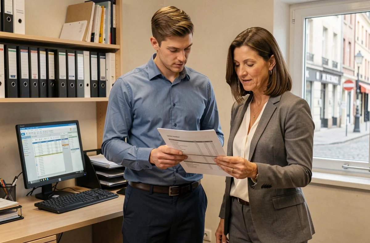 Thomas Le Pors, expert-comptable, accompagnant une dirigeante de PME rennaise dans la révision de ses comptes