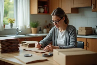 Femme de 40 ans faisant du travail d'emballage à domicile dans sa cuisine entourée de cartons et de matériel d'emballage
