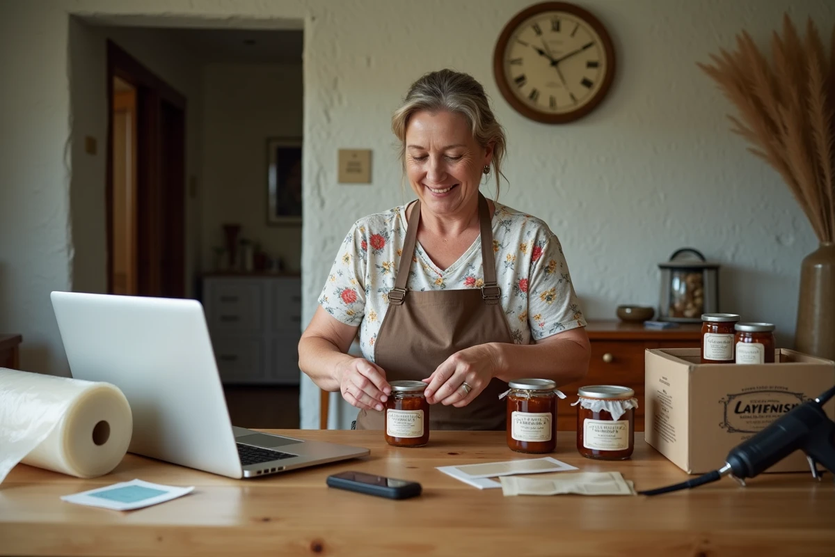 Femme de 55 ans emballant des pots artisanaux à domicile dans une salle à manger transformée en poste de travail d'emballage