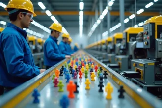 Ligne de production dans une usine de fabrication de jouets Playmobil avec des machines d'injection plastique et des ouvriers en uniformes de sécurité inspectant les figurines sur un tapis roulant