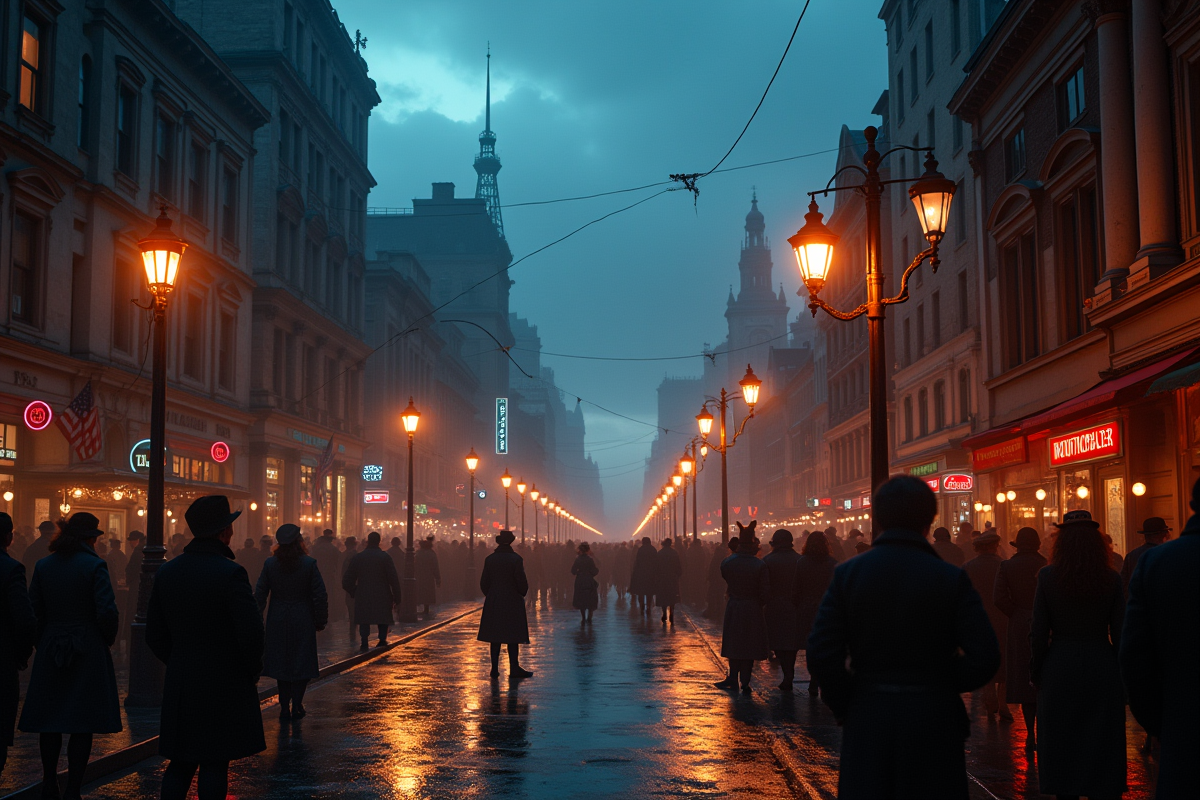 Rue animée du XIXe siècle éclairée par Tesla et Edison