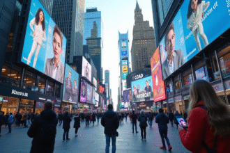 Rue urbaine animée en 2025 avec publicités interactives